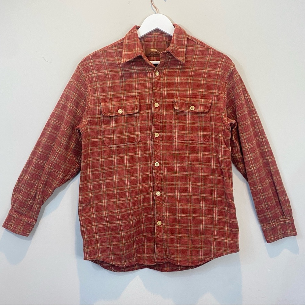 Bob Timberlake Button Up Red Brush Popper Lumberjack Plaid Canvas Weave Medium